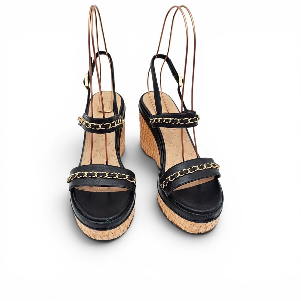 Chanel CC Chain Black Leather Platform Wedge Sandal Gold Brown Size 39 8 8.5